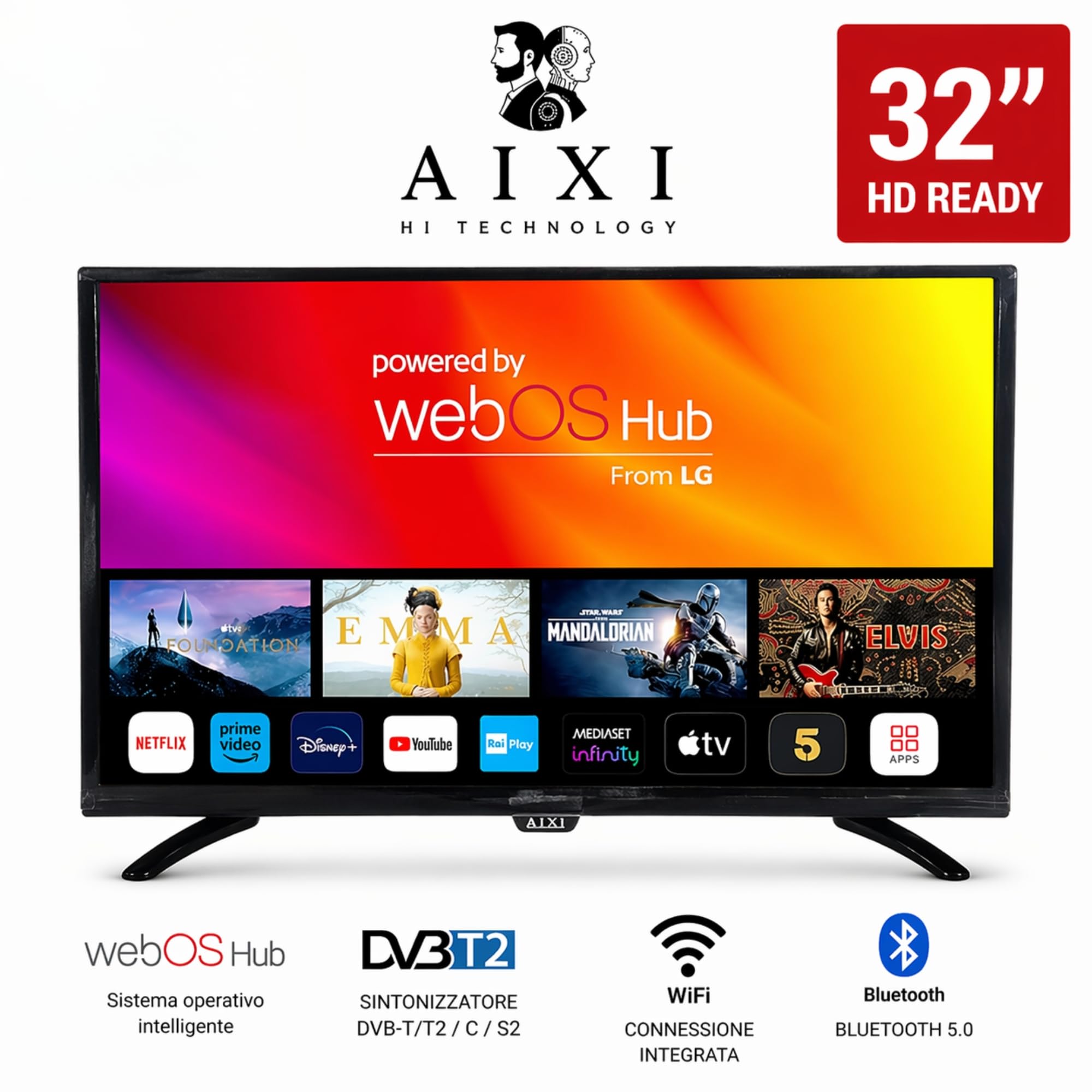 Generico Smart TV 32" - HD Ready (1366×768), Wifi, Bluetooth, 2 USB - 3 HDMI, Sistema WebOS hub, oltre 6000 Film Documentari Inclusi - App Integrate, Telecomando