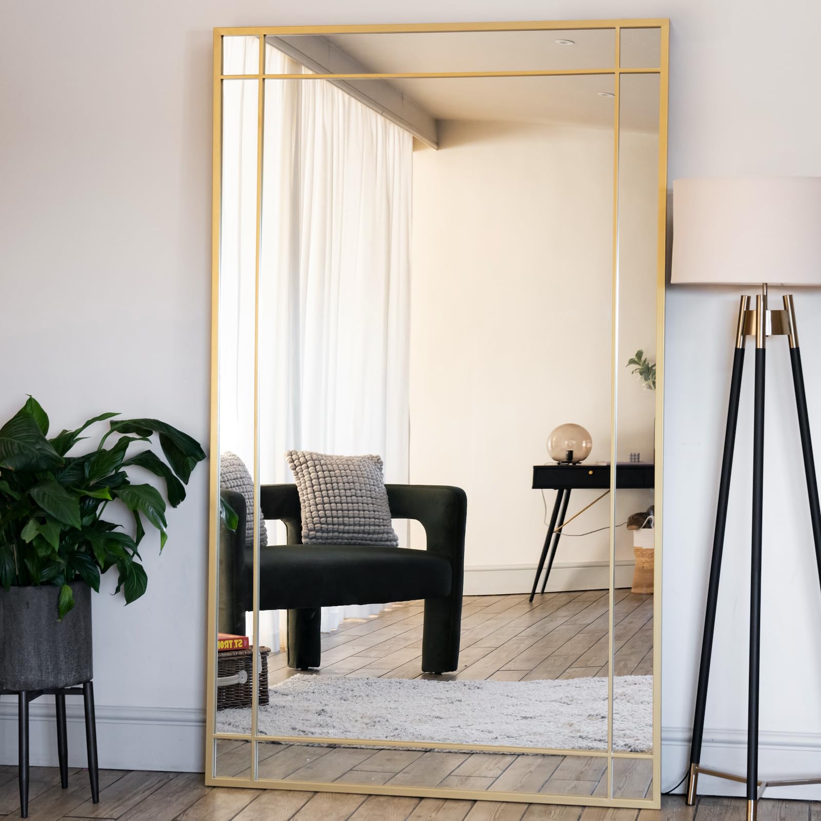 Jobu | Full Length Rectangular Leaner Mirror with Gold Metal Window Frame – Tall Oversized Mirror for Bedroom, Hallway or Living Room – 200cm x 120cm | Aimi