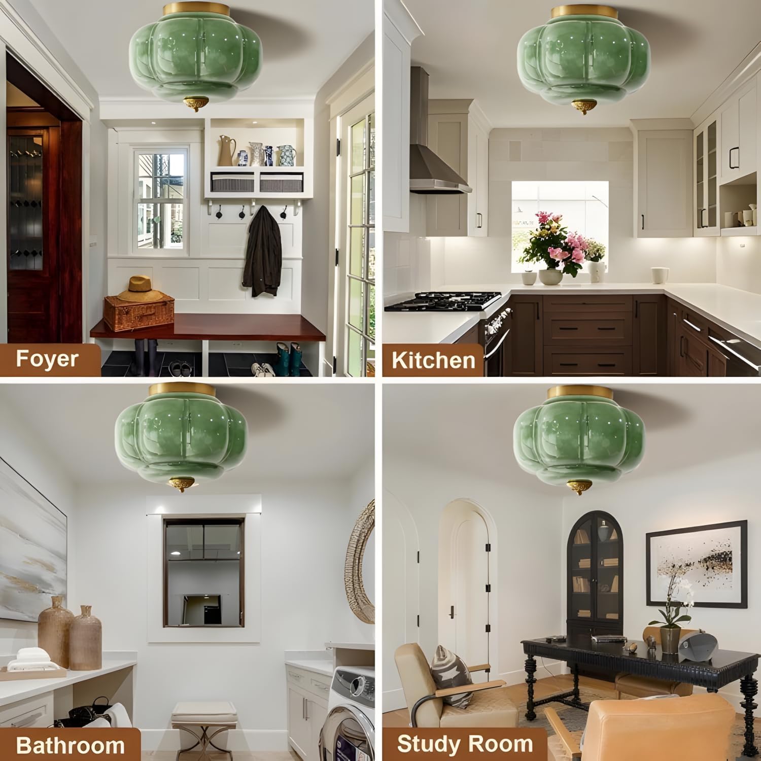 Bofea-Mid Century Semi Flush Mount Ceiling Light Fixture,Green Glass Hallway Light,Vintage Gold Ceiling Light,Antique Brass Lighting Fixture,Close to Ceiling Lamp for Kitchen Entryway Bathroom