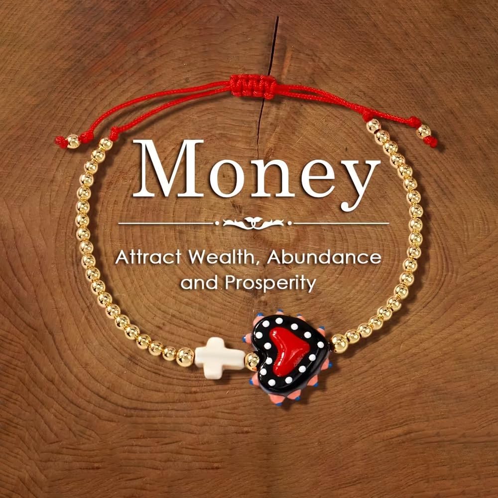 Feng Shui Wealth Bracelet for Women, Boho Beaded Cross Bracelet with Colorful Heart Star Charms Adjustable Red Rope Good Luck Jewelry Gift - Image 3