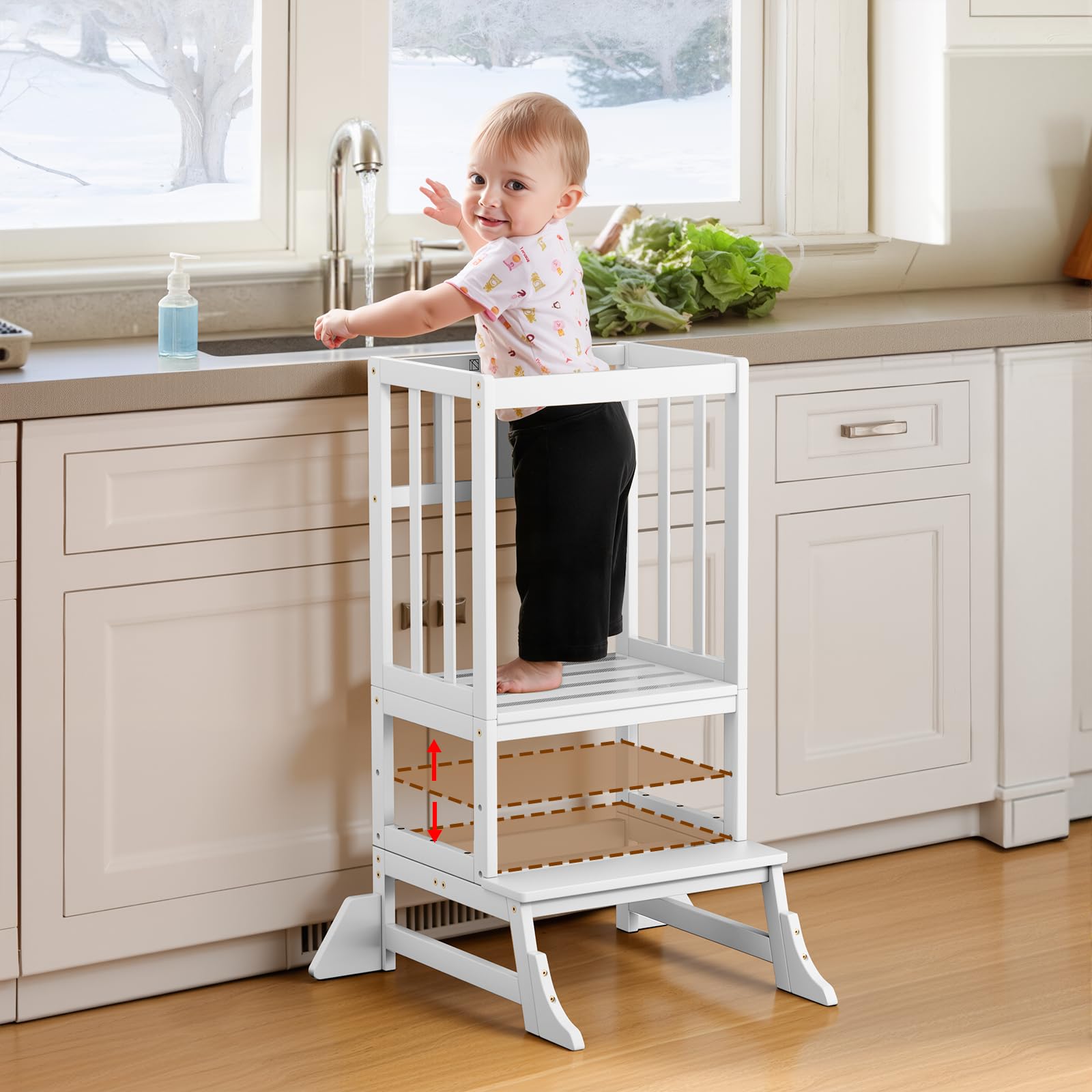 COSYLAND Toddler Step Stool - Height Adjustable Toddler Standing Tower for Kitchen Counter and Bathroom Sink - Kids Kitchen Stool Helper with 4 Stabilizing Blocks (White)
