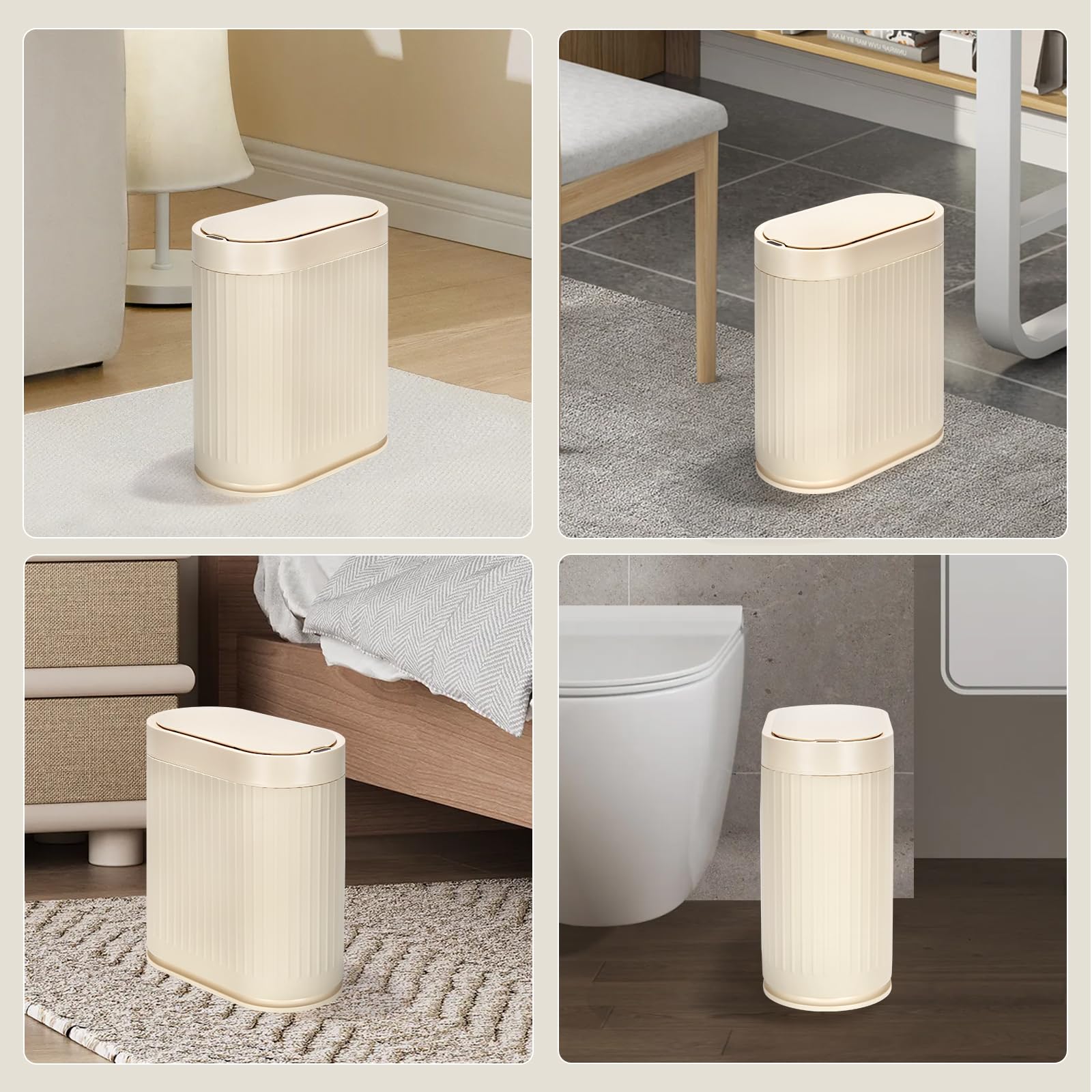 ELPHECO Pattumiera con sensore di movimento, in plastica, impermeabile, con coperchio automatico, per bagno, camera da letto, cucina e ufficio (beige)