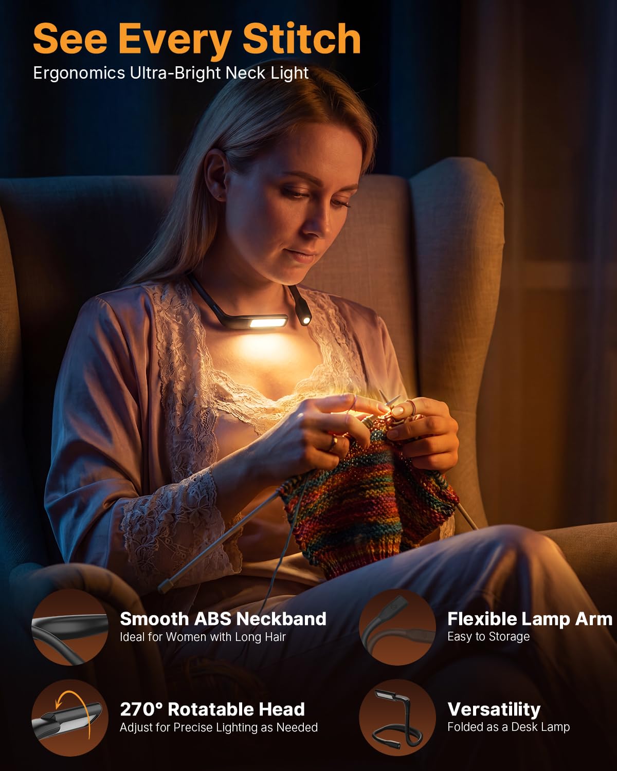 Buch Leselampe Hals LED Buchlampe: Wiederaufladbar Leselampe Bett Stricklampe zum Umhängen, 3 Farben & 80 Std. Dauer Handarbeitslampe Halslampe Leselicht Nackenlampe für Lesen Stricken Häkeln
