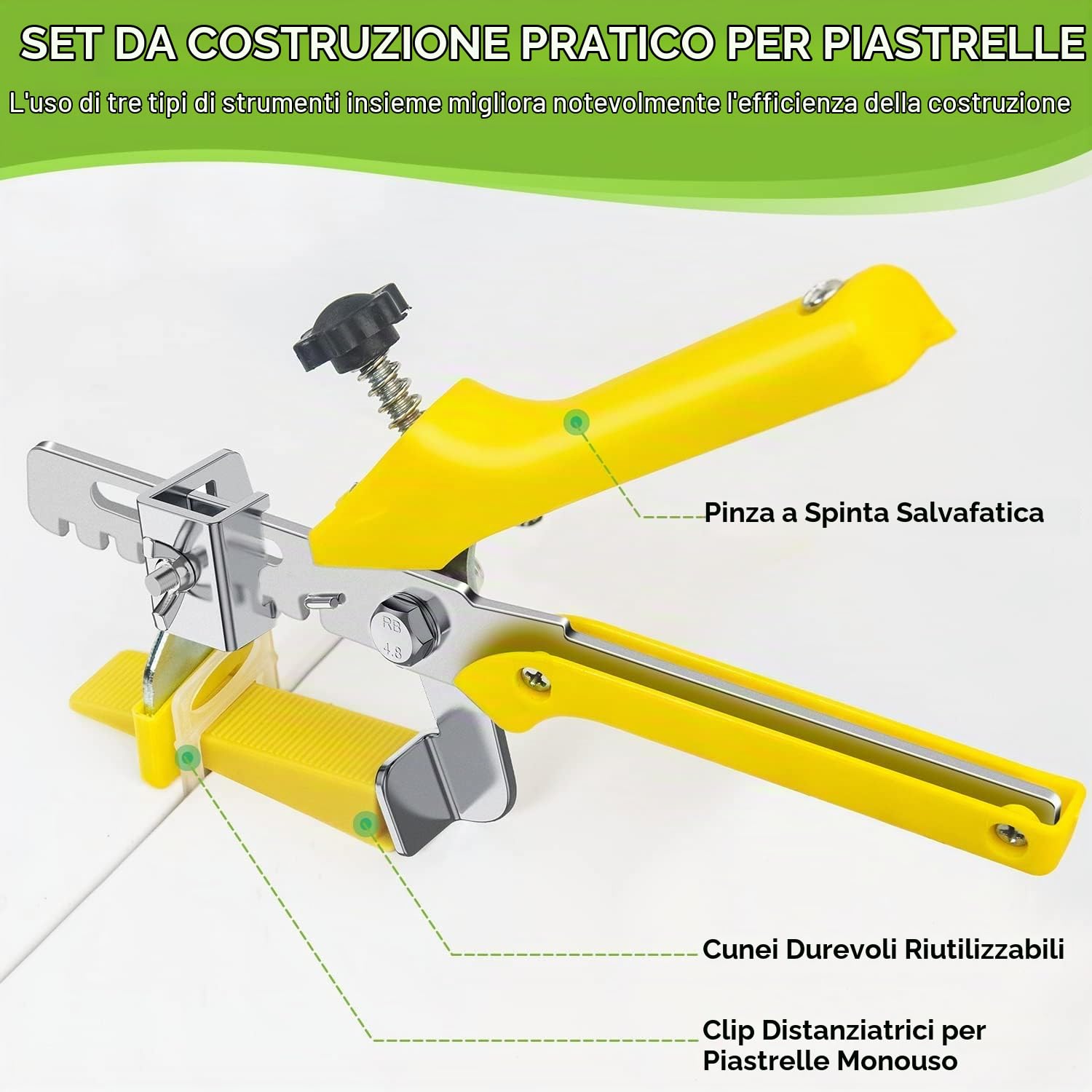 Nuyoah 501pz Sistema di Livellamento per Piastrelle 2mm | Includi 400 Distanziatori 100 Cunei Riutilizzabili 1 Pinza Utensili Livellamento per Piastrelle Altezza 3–12 mm