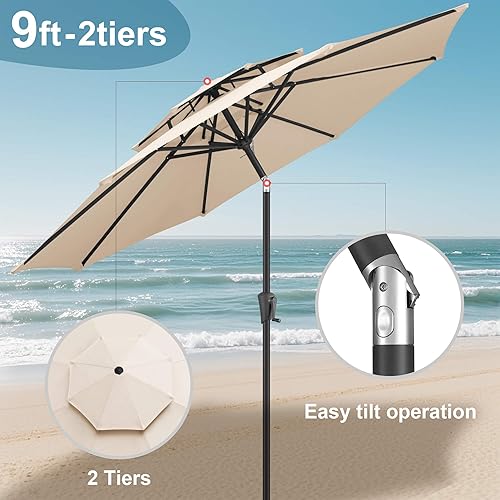 Miniatura 3 de FLAME&SHADE Sombrilla de patio de 9 pies, sombrilla para exteriores de 2 niveles con botón de inclinación y manivela para protección UV, sombrilla