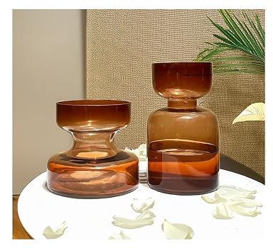 SPHINX Modern Decorative Glass Vase Set for Flowers Plants Home Decor Office Living Table Decorations, Luster Glass Vase Hourglass/Dumbbell Shape Vase Set - (Amber Hourglass Vase set)
