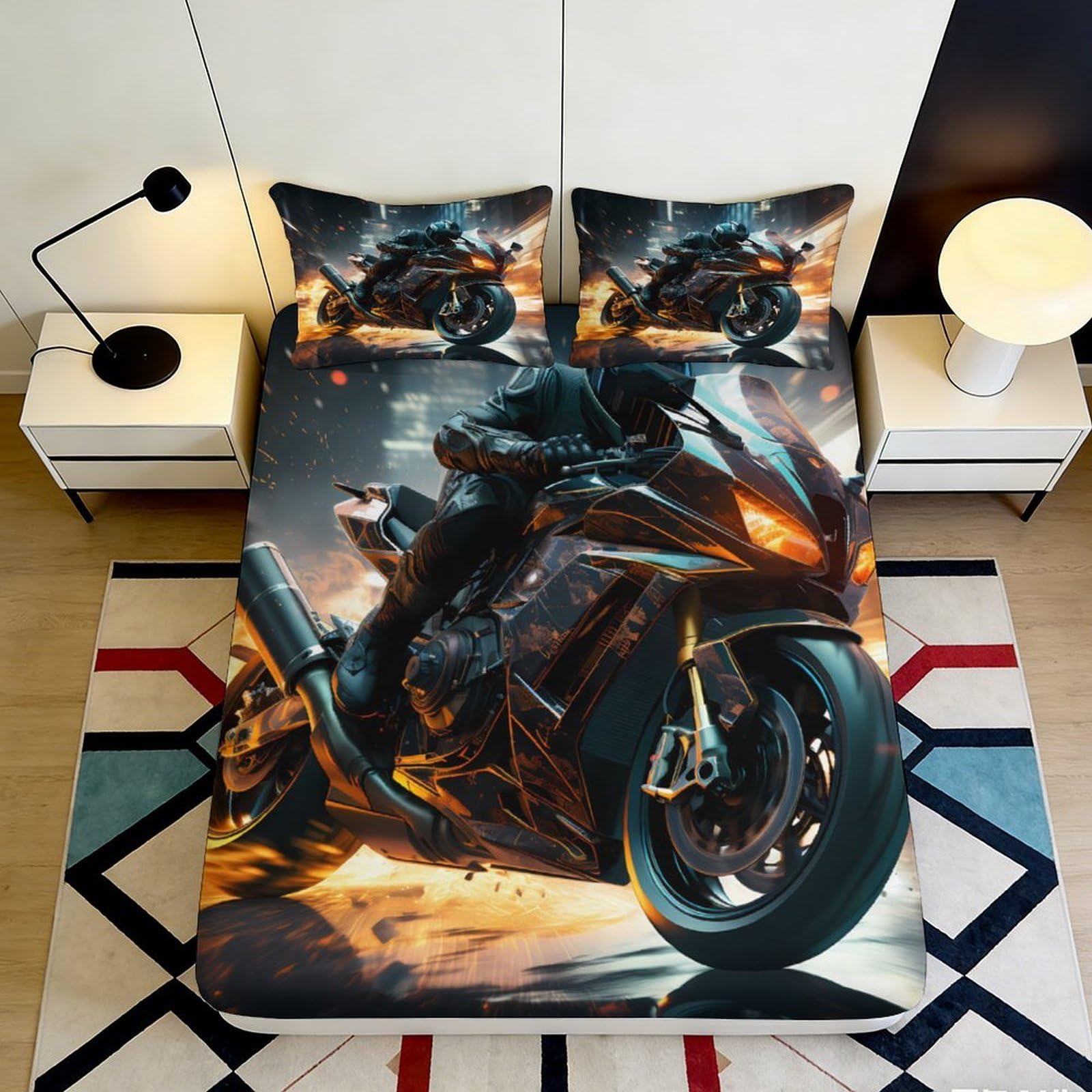 3D Printed Motorcycle Fitted Sheet Microfiber Deep Pocket Non-Slip Racing Theme Mattress Fitted Cover Bedroom Bedding 200x200x25cm 90x200x25cm