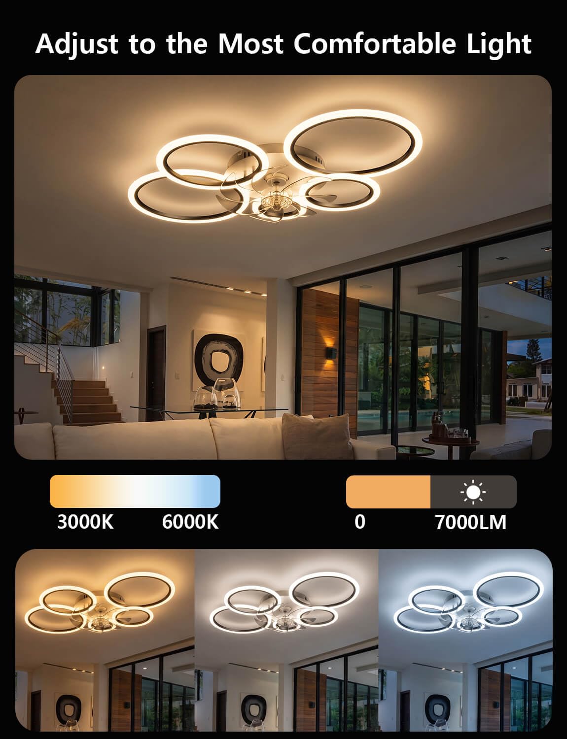 Deckenventilator mit Beleuchtung Kompatibel mit Alexa und Google Assistant, 100cm Deckenleuchte mit Ventilator Wohnzimmer, Leise Timer Dimmbar Reversible Ring Ventilator, Schwarz