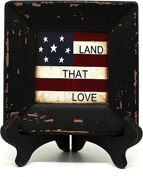 CVHOMEDECO. Primitives Country American Flag Decorative Plate with Rack Square Display Wooden Plate Home and Office Decor Art, 6 X 6 Inch Land That Love