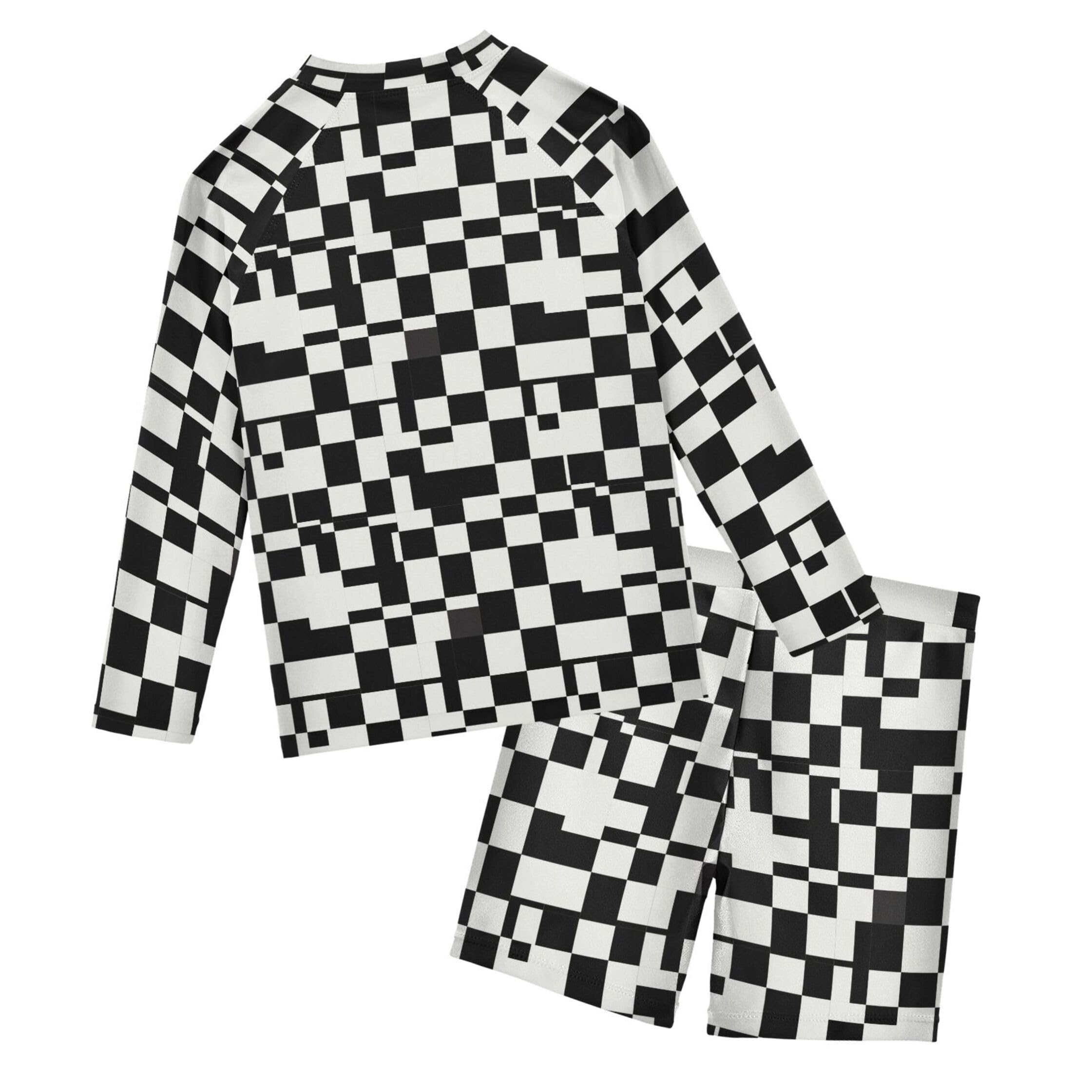Black and White Buffalo Check Plaid Boys Rash Guard Swimsuits Set Long Sleeve Swim Shirts Bathing Suits B0403939