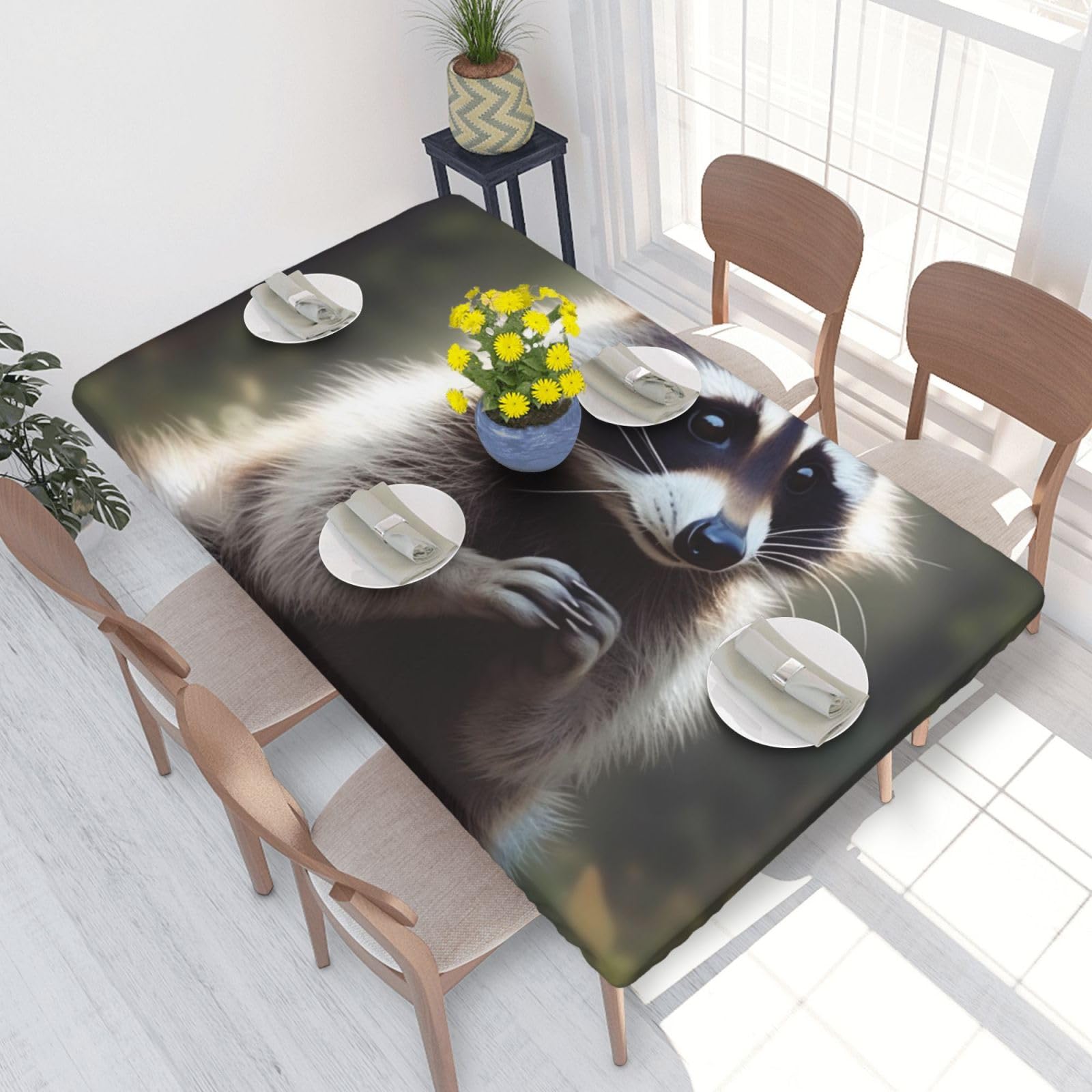 DCARSETCV Cute Raccoon Printed 4FT Waterproof Tablecloth with Elastic Edged Protect & Decor Your Table, Oil-proof Washable Table Cloth Cover for Dinner Picnic Party