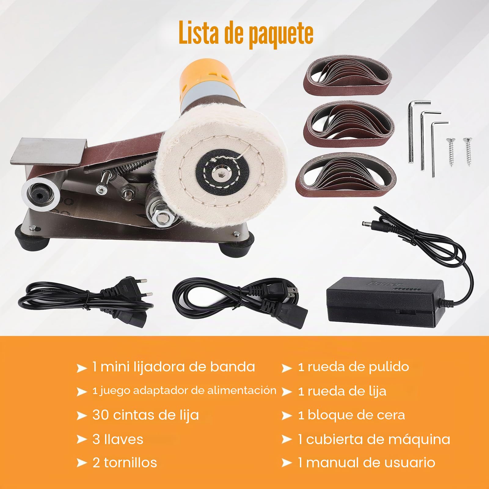 Lijadora de Banda Eléctrica Mini, 775 Motor, 7 Velocidades Ajustables, 15 Grados, Doble Salida, para Metal y Madera