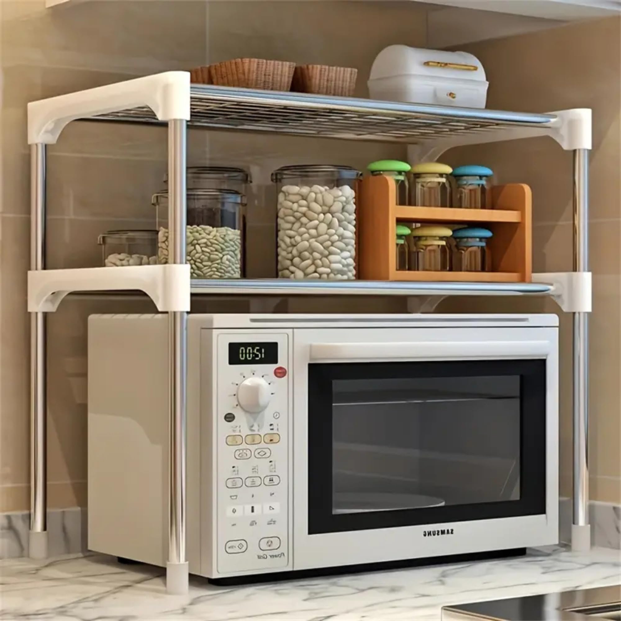 BURAKH 2-Tier Microwave Oven Rack – Adjustable Kitchen Counter Shelf Stand & Storage Organizer | Corner Bakers Rack for Home & Office