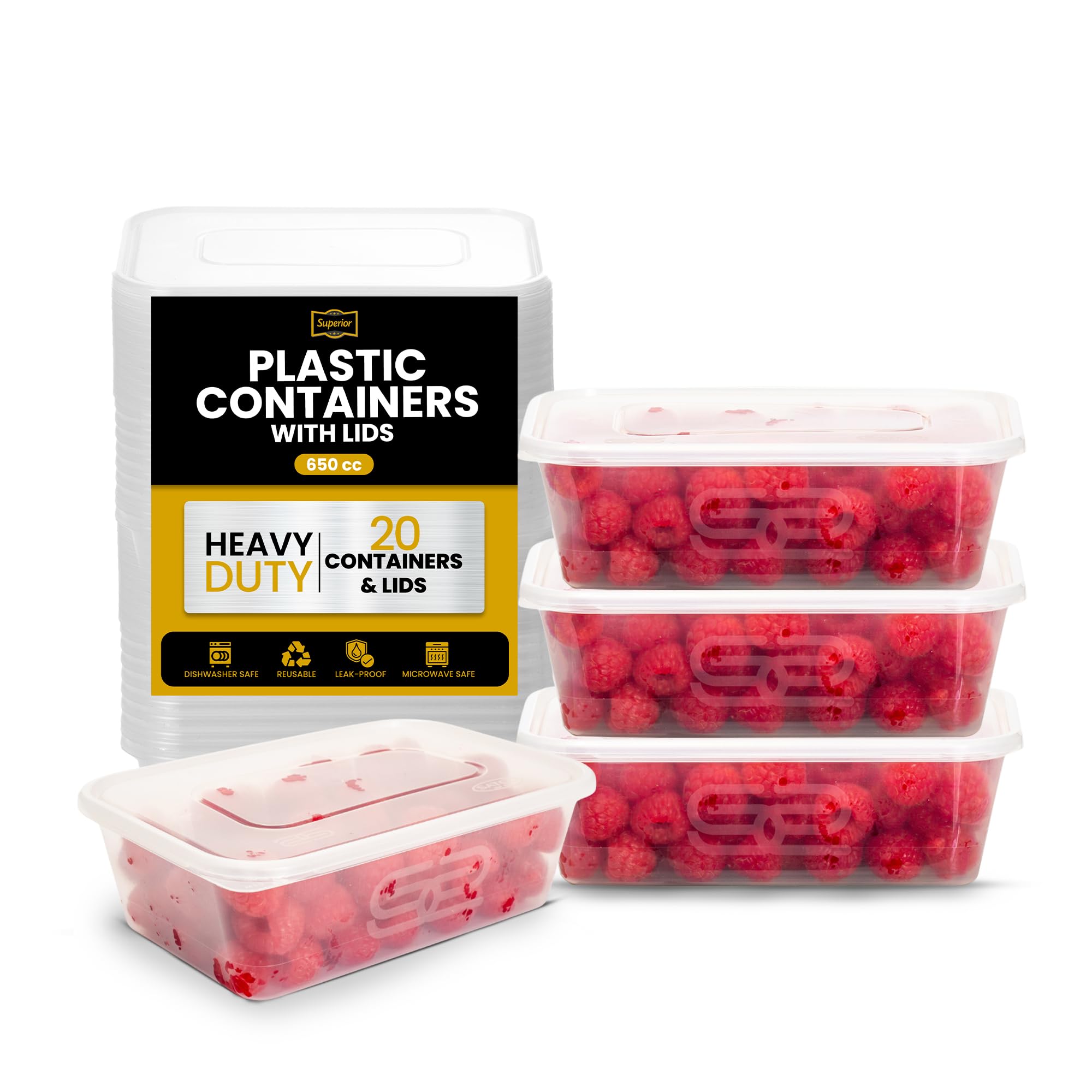 Superior Food Storage Containers with Lids – 20 Pack Durable 650ml Crack-Resistant Rectangular Food Containers with Lids -Microwave Safe Leak-Proof Takeaway Containers- Meal Prep & Food Storage