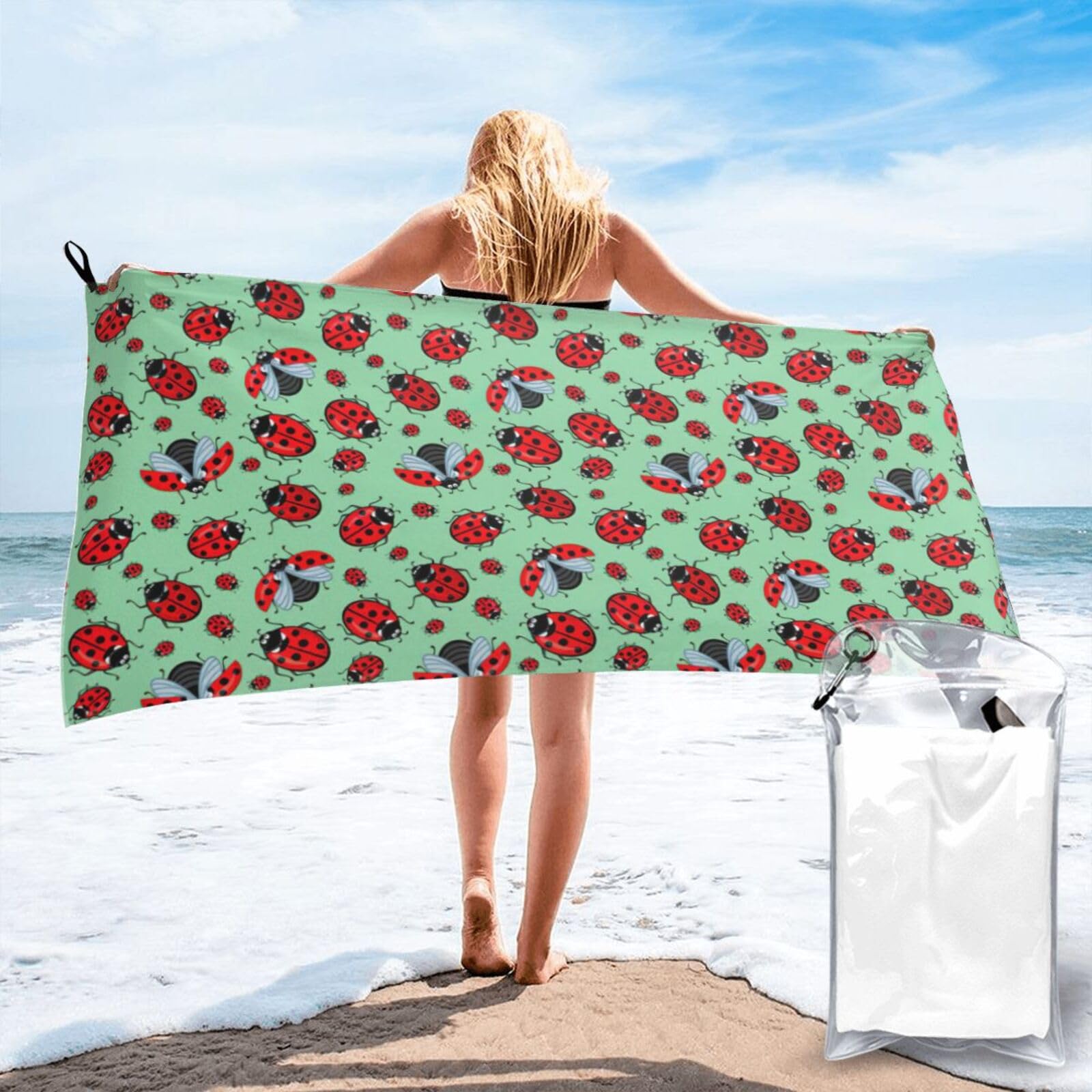 SDEGTHO Red Ladybugs On A Blue Background Print Beach Towel Quick Dry Portable For Swimming Yoga Adults Fitness