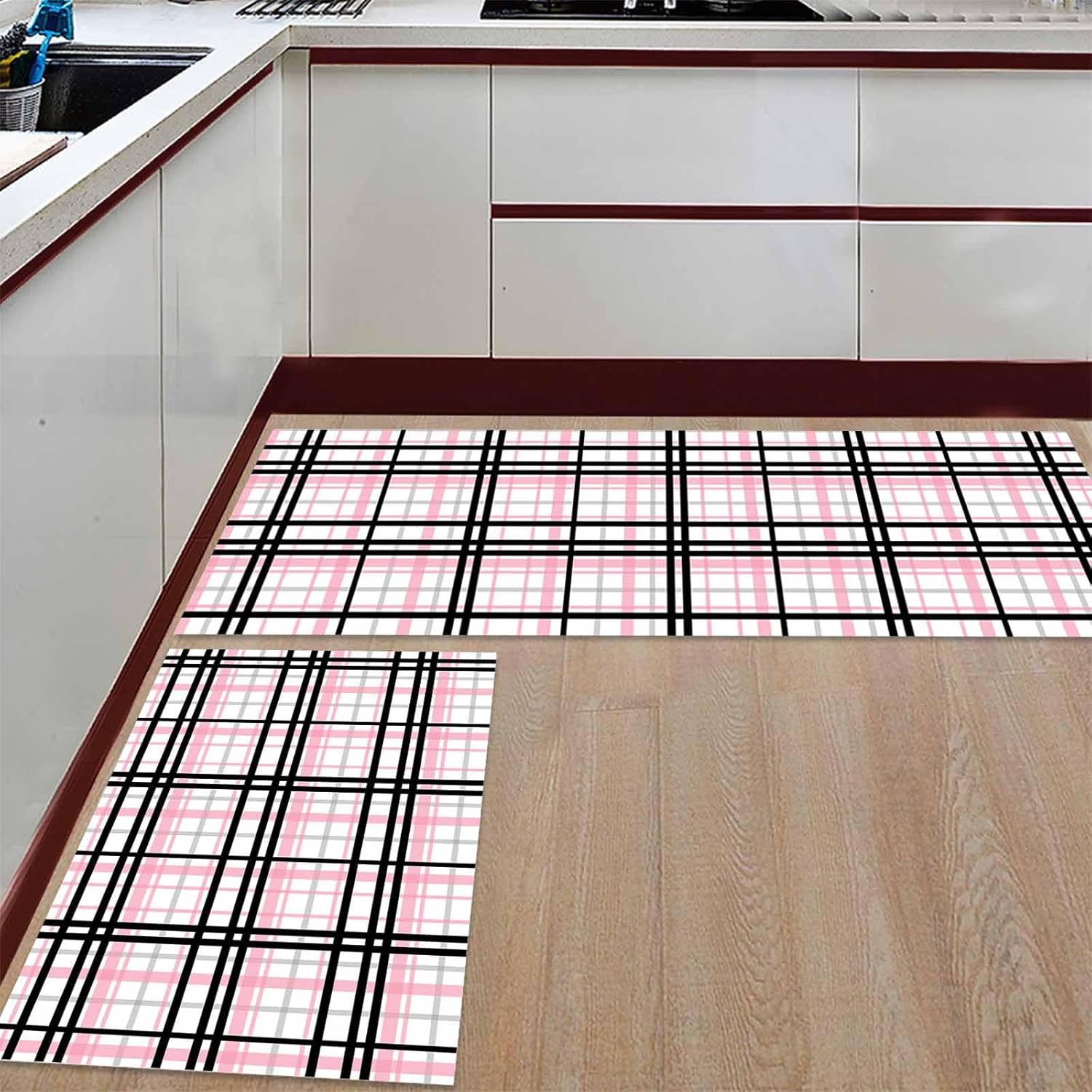Plaid Kitchen Rugs 2Pcs Abstract Stripes Pink Black Grey Plaid Waterproof Non Slip Kitchen Mats and Rugs Cushioned Standing Floor Mats Kitchen Carpet for Office Sink Laundry 23.6x35.4in+23.6x70.9in