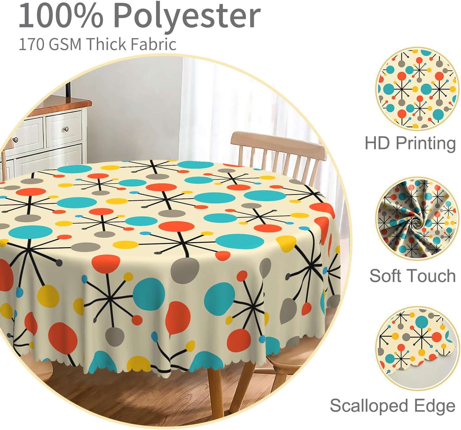 Mid Century Round Tablecloth 60 Inch Modern Atomic Retro Table Cloth Water Resistant Oil Proof Fabric Table Cover for Dining Room Kitchen Patio Home Decors Indoor and Outdoor Party Use