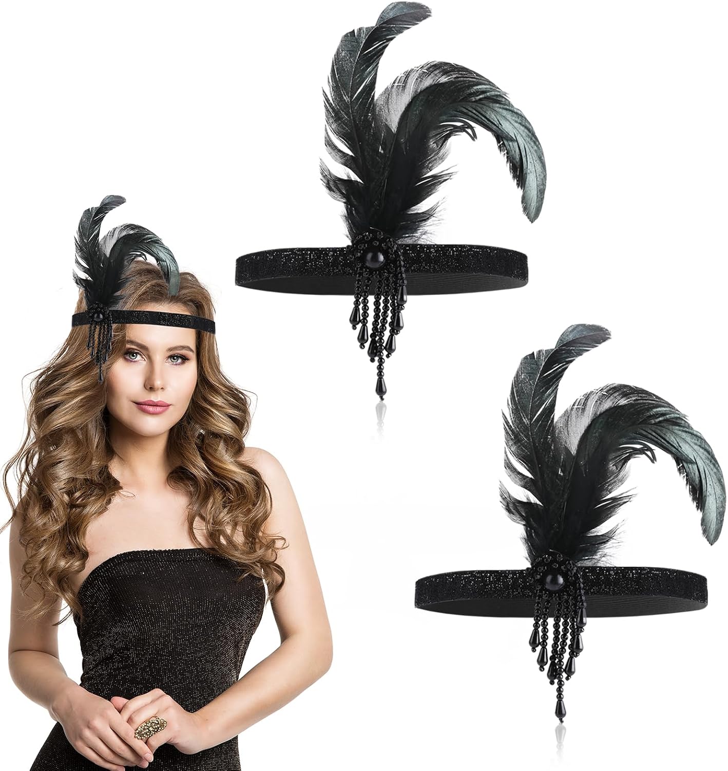 2 Pcs 1920s Flapper Headband 20s Flapper Headpiece Feather Headband for Women Gatsby Hair Accessory Halloween