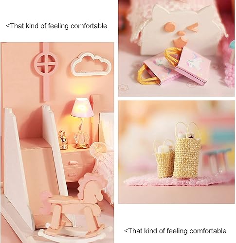Miniatura 7 de Kit de casa de muñecas de madera, modelo de ensamblaje de artesanía en miniatura con luces LED y muebles, proyecto creativo de bricolaje para