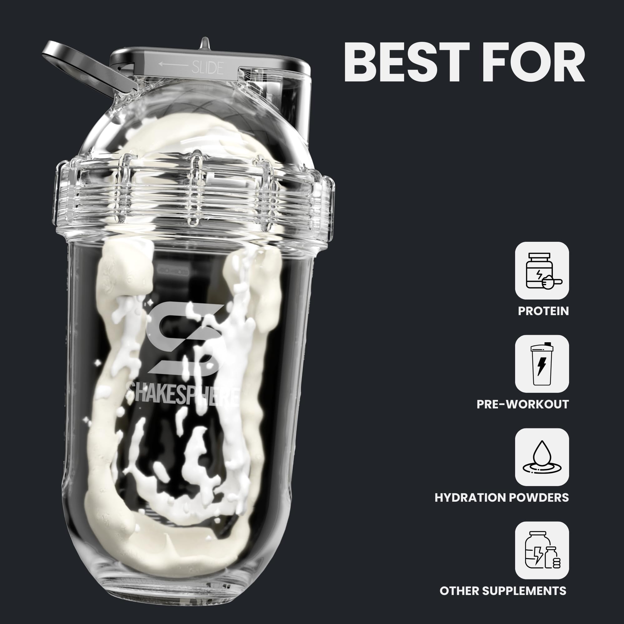 SHAKESPHERE Gobelet shaker de protéines en Tritan et tasse à smoothie, 710 ml, mélangeur sans pale, purées de fruits crus sans boule mélangeuse, mélangeur à poudre pour salle de sport pré-entraînement