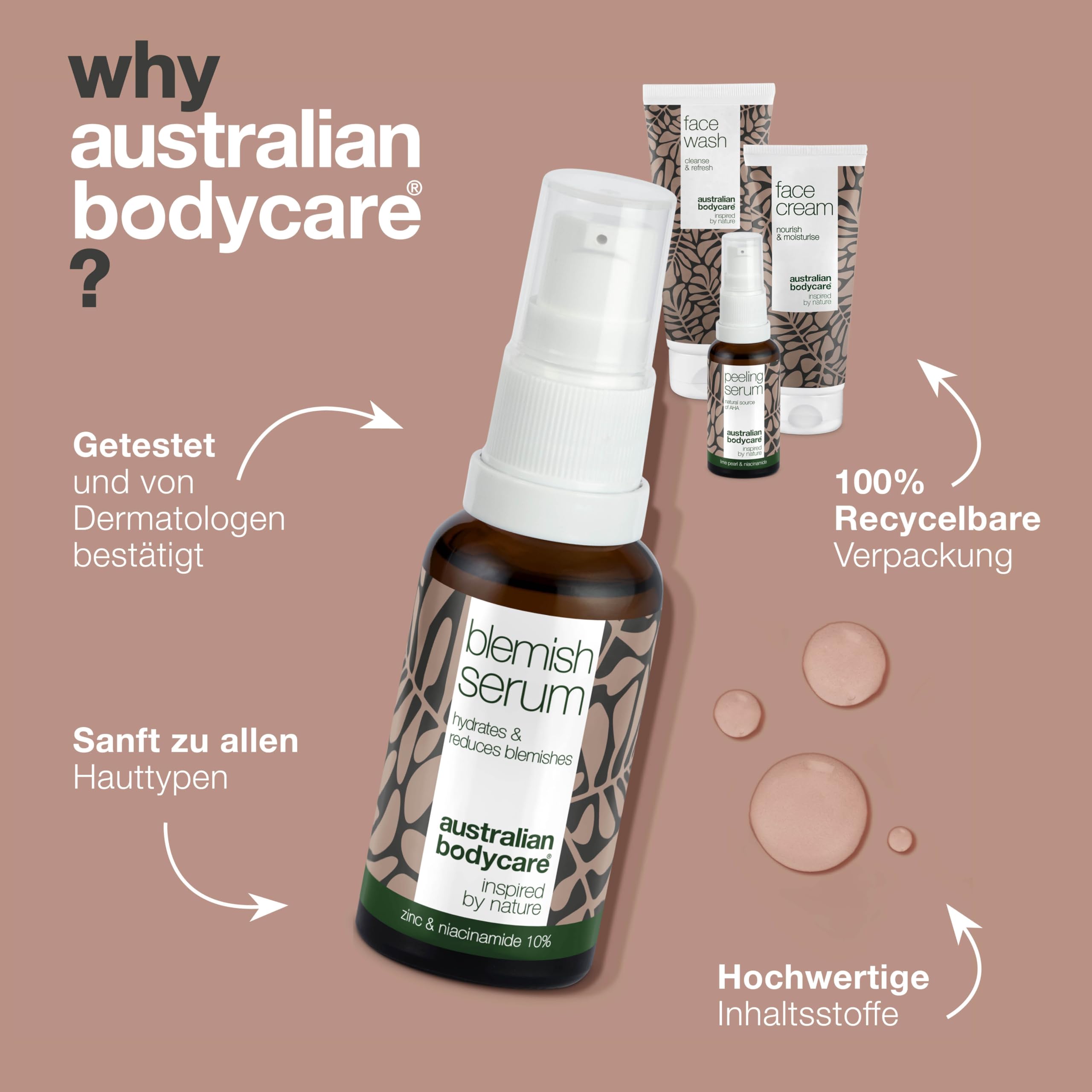 Reduziere Pigmentprobleme im Gesicht mit dem 4-teiligen Set bestehend aus Gesichtsreinigung 200ml, Niacinamid Serum, Peeling Serum und Gesichtscreme 100ml speziell für Pigmentflecken im Gesicht