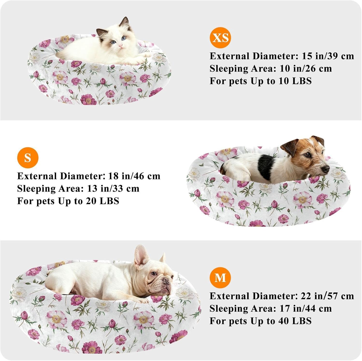 Pet Dog Bed Calming Anti Anxiety Fluffy Dog Pillow Bed for Medium Size Pets Supplies M Vintage Peonies White