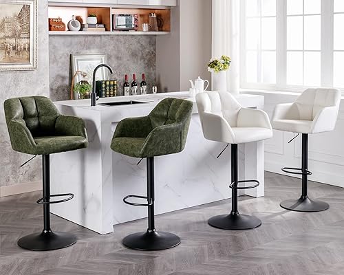 Miniatura 7 de Juego de 2 taburetes de bar modernos de piel sintética con respaldo y brazos, sillas tapizadas de altura de barra con base de metal, taburetes de