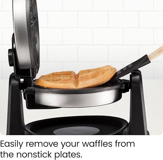 Chefman Rotating Belgian Waffle Maker, 180 Flip Iron w/ Non-Stick Plates, Adjustable Timer, Locking Lid, Drip Plate, Space Saving Storage, Mess-Free Breakfast, Stainless Steel/Black