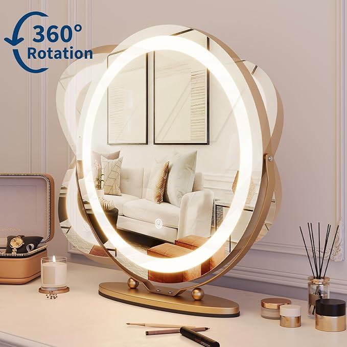 Espejo de maquillaje redondo 19" con luz LED, oro miniatura 6