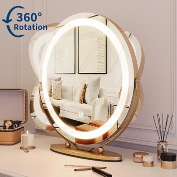 19 Round Vanity Mirror with Lights, Large Makeup Mirror with 3 Color Lighting Dimmable, Smart Touch Control, 360Rotation Vanity Mirror for Bedroom, Dressing Room, Tabletop, Easy to Install, Gold