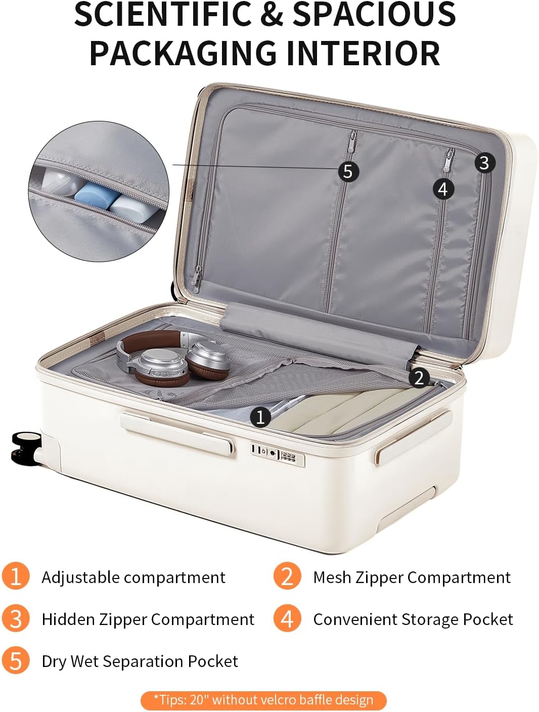 aji 70/30 Split Opening Carry On Luggage Airline Approved, 20 Inch Lightweight Trunk Luggage with 360° Spinner Wheel, Travel Carry On Suitcase with Dry Wet Separation Bag for Women Men,Coconut White - Image 4