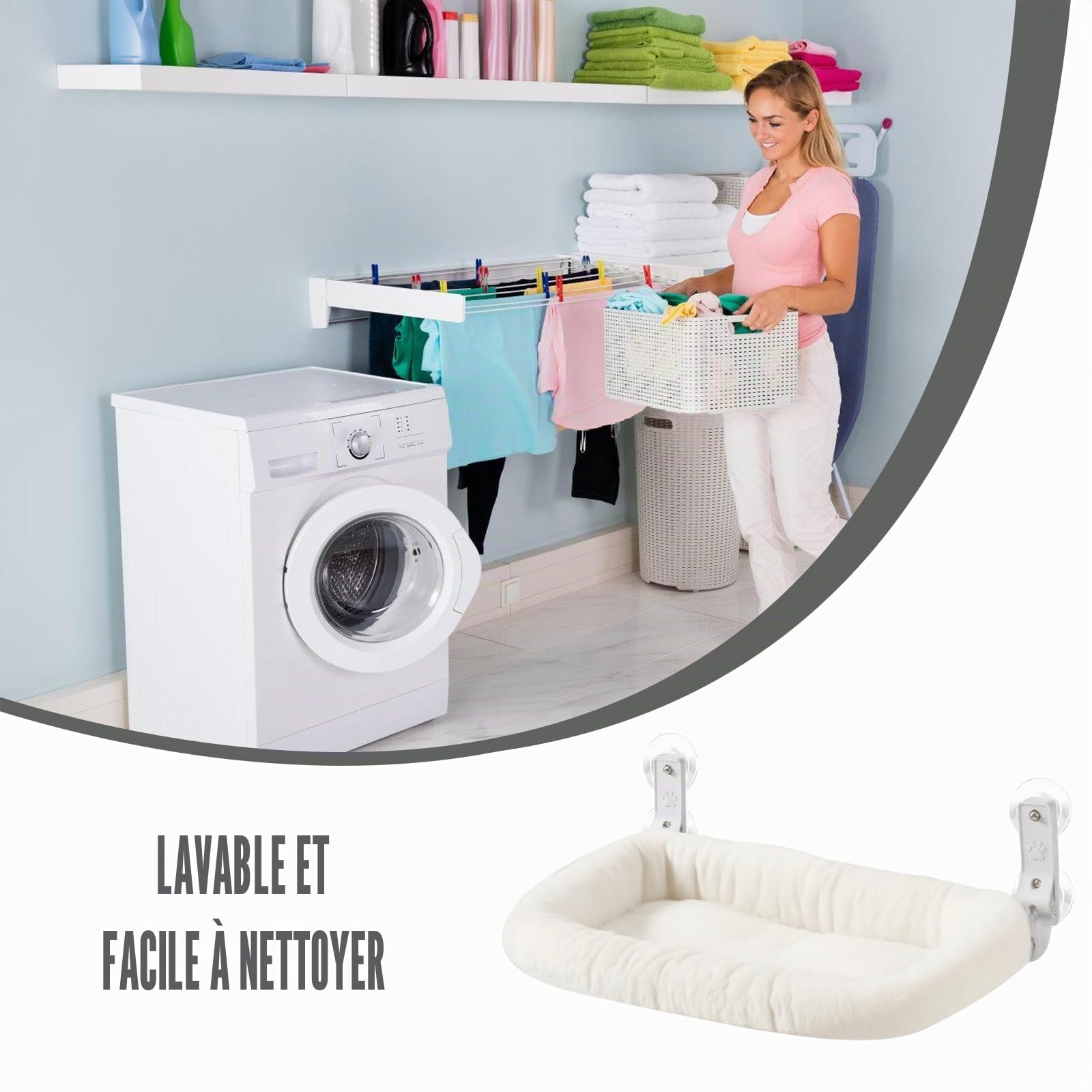 Cordless Hamac pour chat, chaise longue avec ventouses et rembourrage en tissu double face amovible, pliable, pour chat, fenêtre, perche, jusqu'à 15 kg, pour fenêtre et mur, 30 x 52 cm, blanc