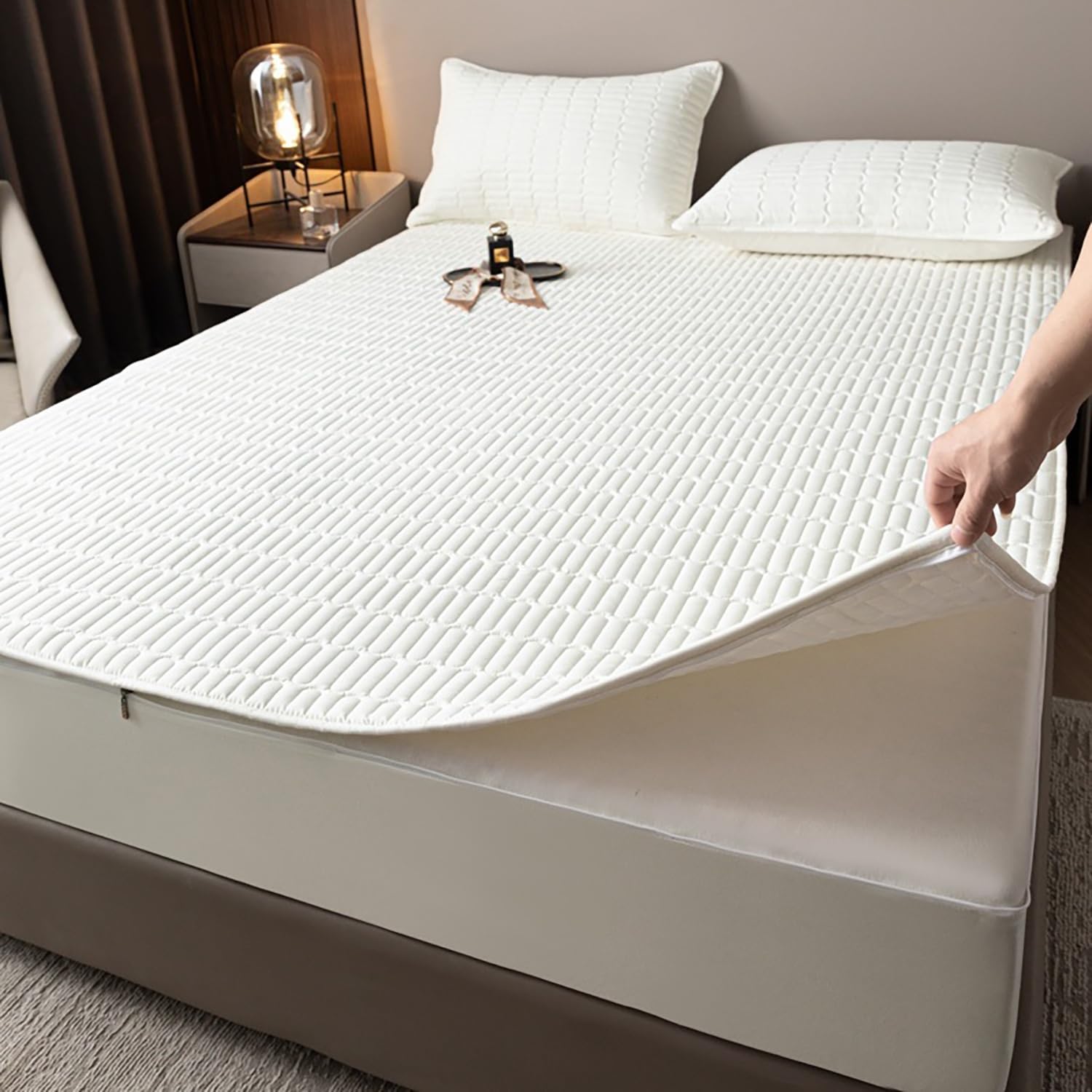 Coprimaterasso con Cerniera - Fodera Materasso Trapuntato, Imbottito, 80x190/90x190/120x190/140x200/160x190 cm, Personalizzabile, Protettivo e Respirante(Bianco,105x190+15cm)