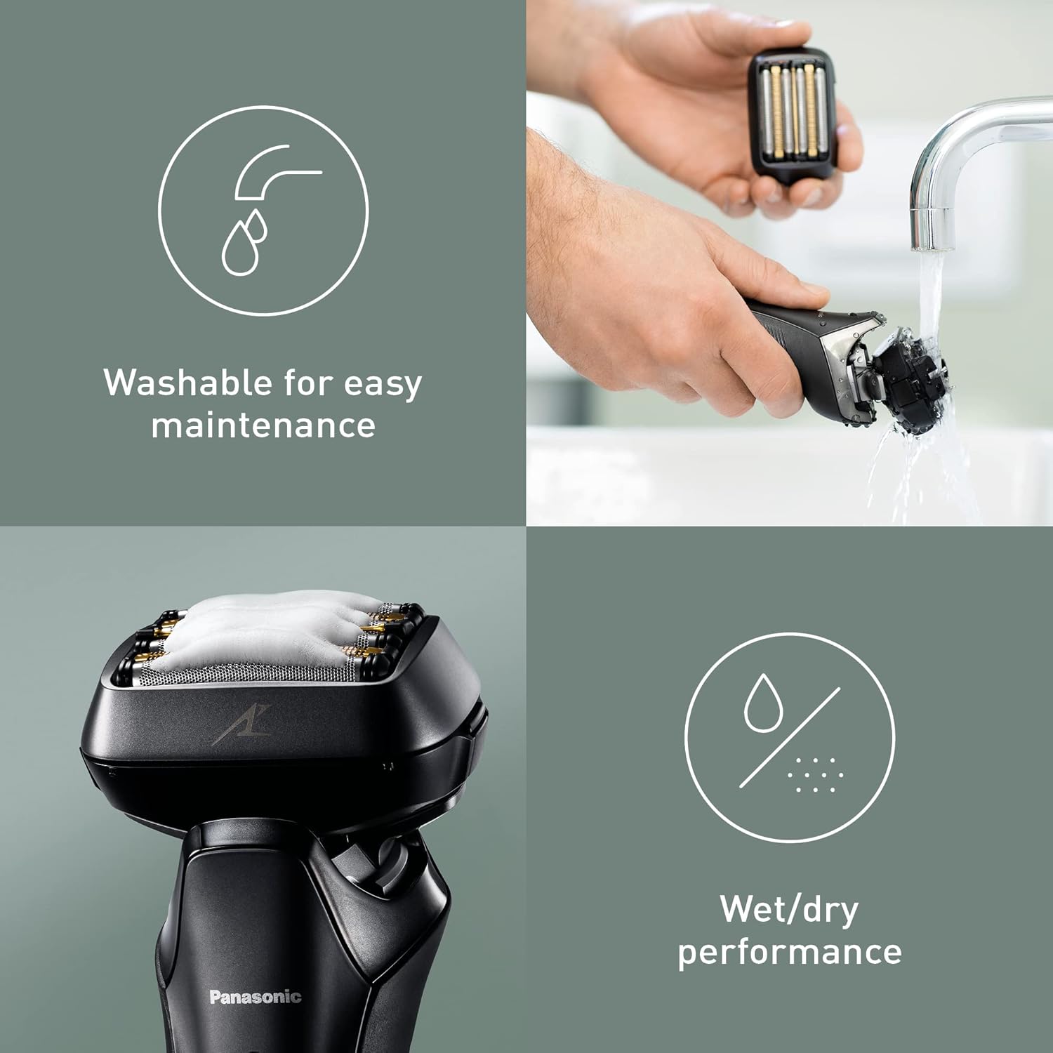 The Panasonic ES-LS6A shaver being rinsed under running water, illustrating its washable design and wet/dry capability.
