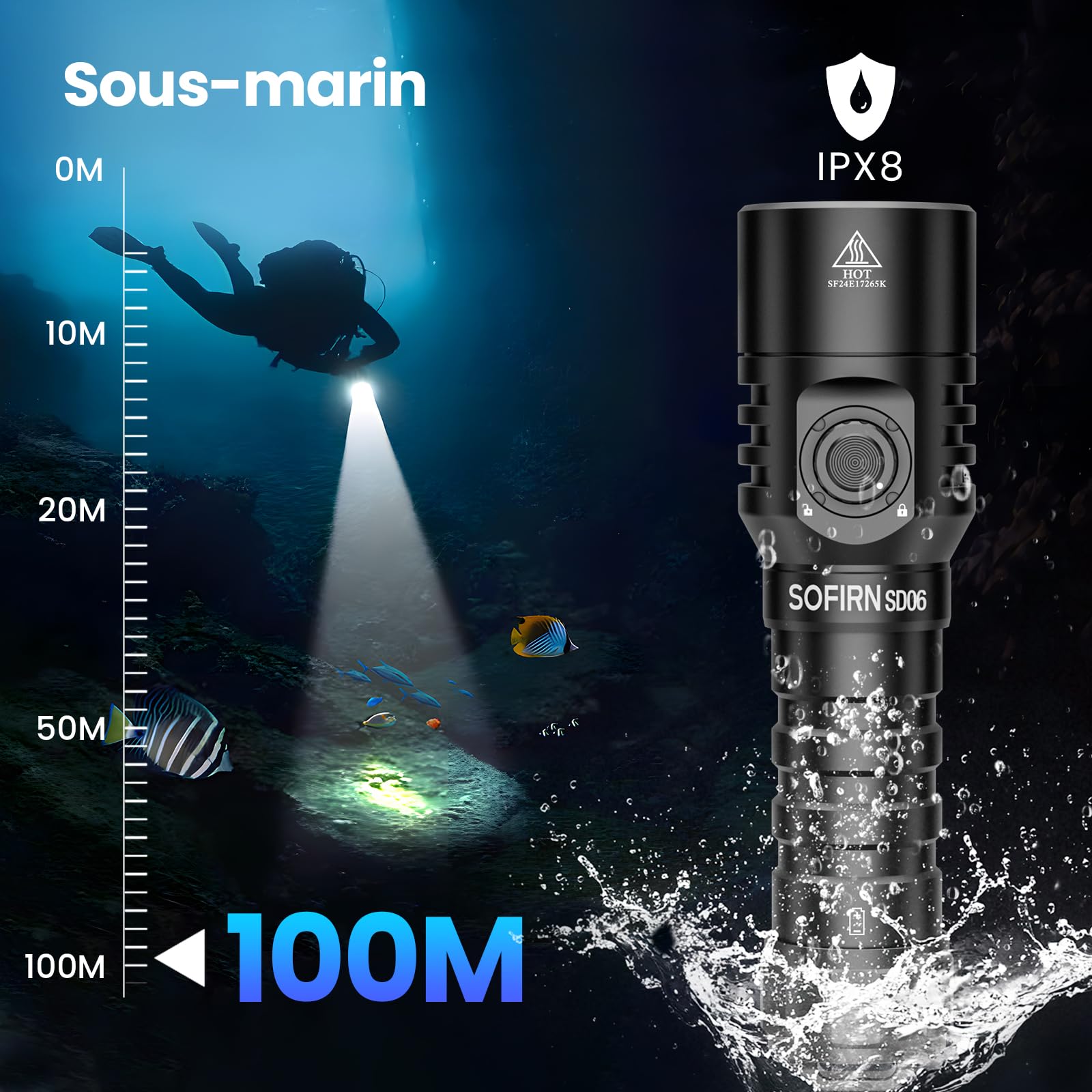 CSTEBOKE Sofirn SD06, lampe de plongée 3200 lm, portée 472 m, IPX8, perles lampe STF70, 6500 K, lampe de plongée professionnelle avec mode verrouillage et interrupteur magnétique