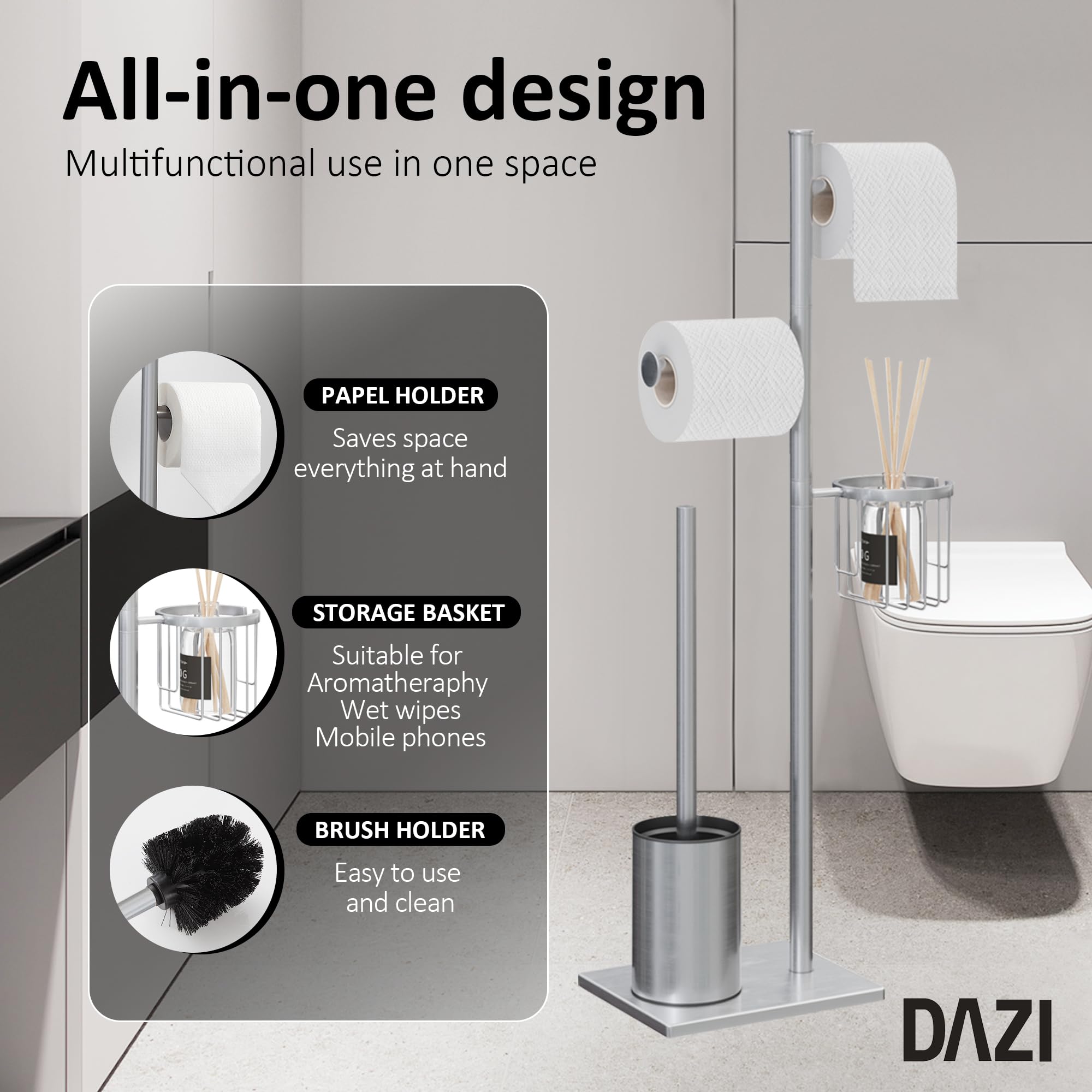 DAZI Ensemble Brosse Toilettes + Support Papier Toilette Sur Pied 3en1 Acier Inoxydable Or