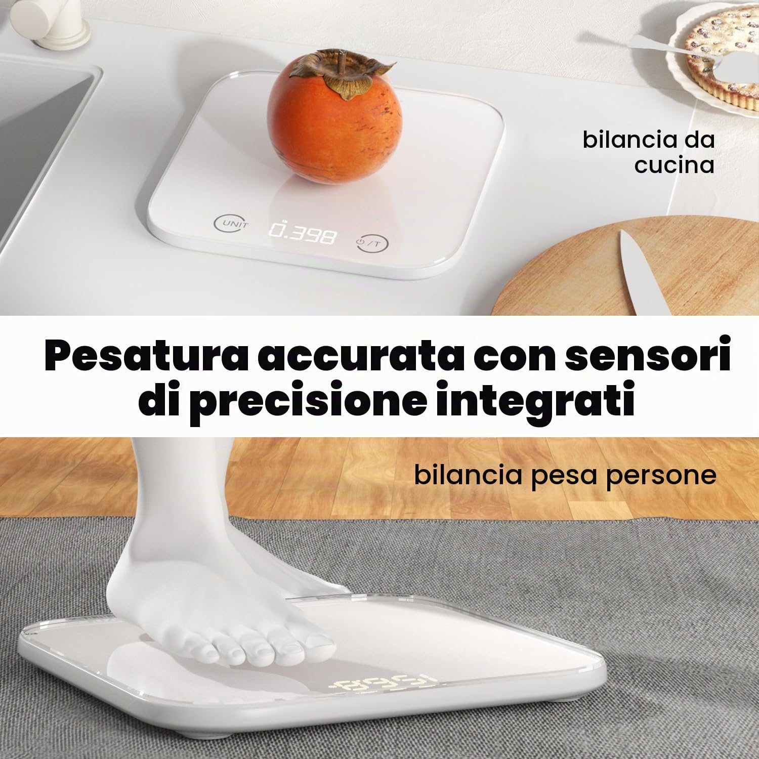 UNIWEIGH Bilancia alimentare digitale da cucina e da bagno per once e grammi11lb, bilancia per il peso corporeo 400lb, vetro temperato/pulsante a sfioramento/LCD, misurazione precisa del peso, bianco