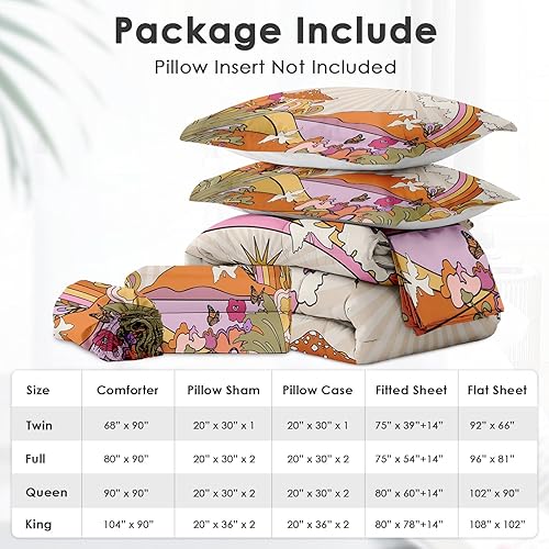 Miniatura 56 de Juego de edredón con 2 fundas de almohada, tamaño matrimonial, diseño de hongo hippy y arco iris, decoración de cama retro de los años 70, hippie,