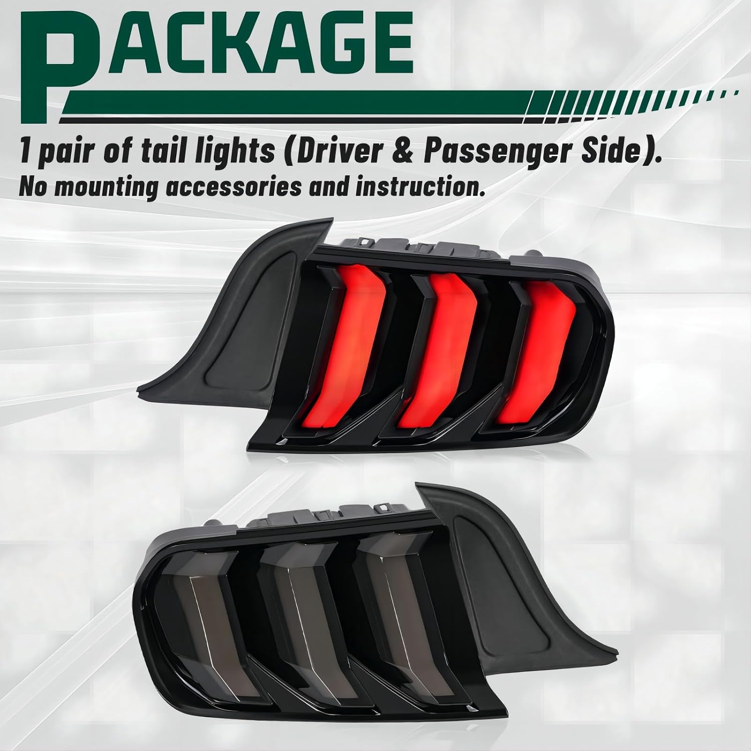 KUAFU Left & Right Taillight Compatible with 2015-2023 Ford Mustang Sequential Tail Light Brake Lamp Assembly Replacement for FR3Z13405A FR3Z13404A Plastic (Smoke Lens+Black Housing)