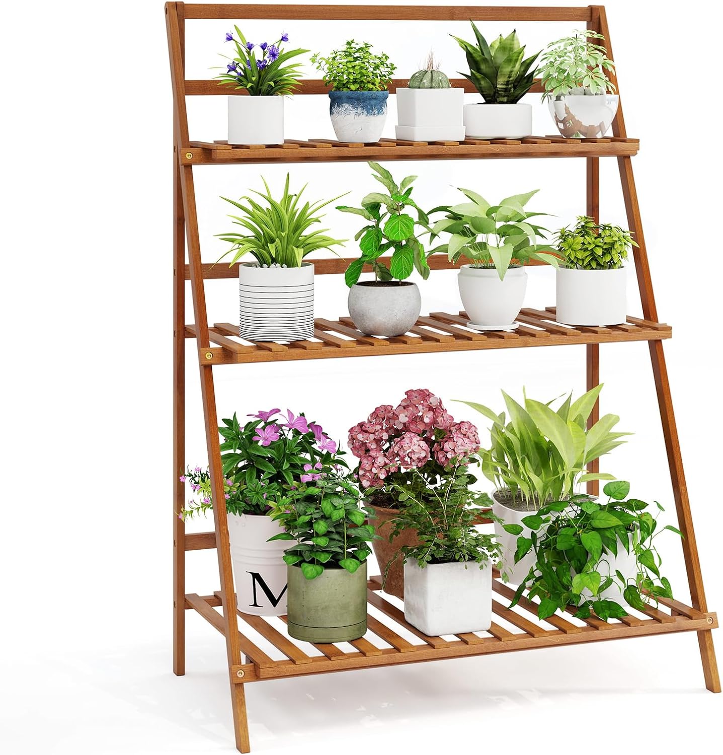 HAPPYGRILL 3-Tier Plant Stand Indoor, Folding Flower Pot Display Shelves with Anti-falling Crossbar & Non-slip Feet, Tall Plant Shelf for Patio Garden Balcony Living Room Outdoor