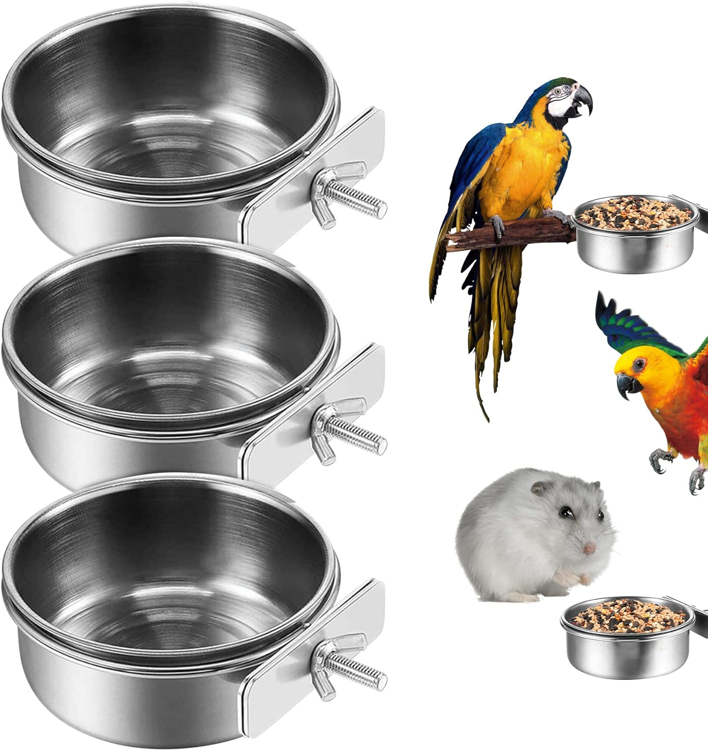 Wisfunlly 3 Pcs Bird Feeding Dish Cups, Stainless Steel Parrot Food
