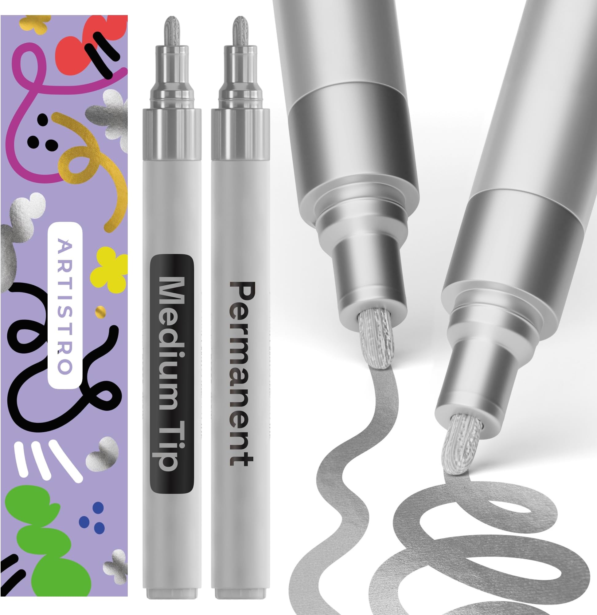 Silver Permanent Marker 2 Pieces - Waterproof Markers for Tyres, Fabric, Stone, Glass, Ceramic, Wood, Paper - Oil Paint Medium Tip 3 mm