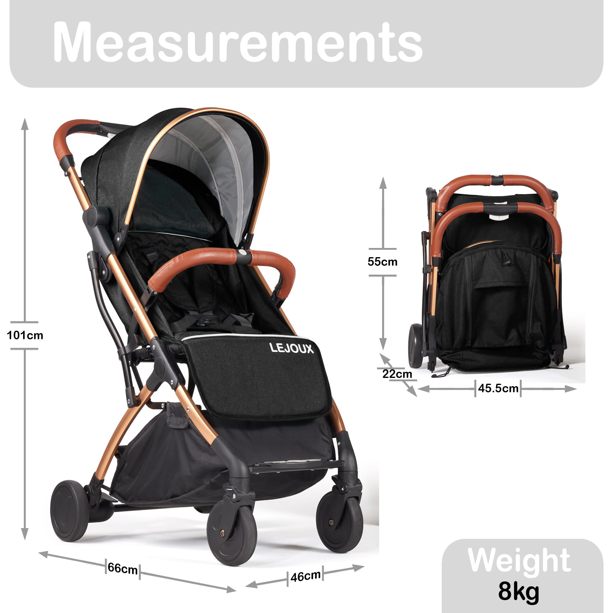 Kinderwagen - Leichter faltbarer Reisebuggy mit 5-Punkt-Gurt, verstellbarer Rückenlehne und übergroßem Korb, der mit einer Hand faltbar ist