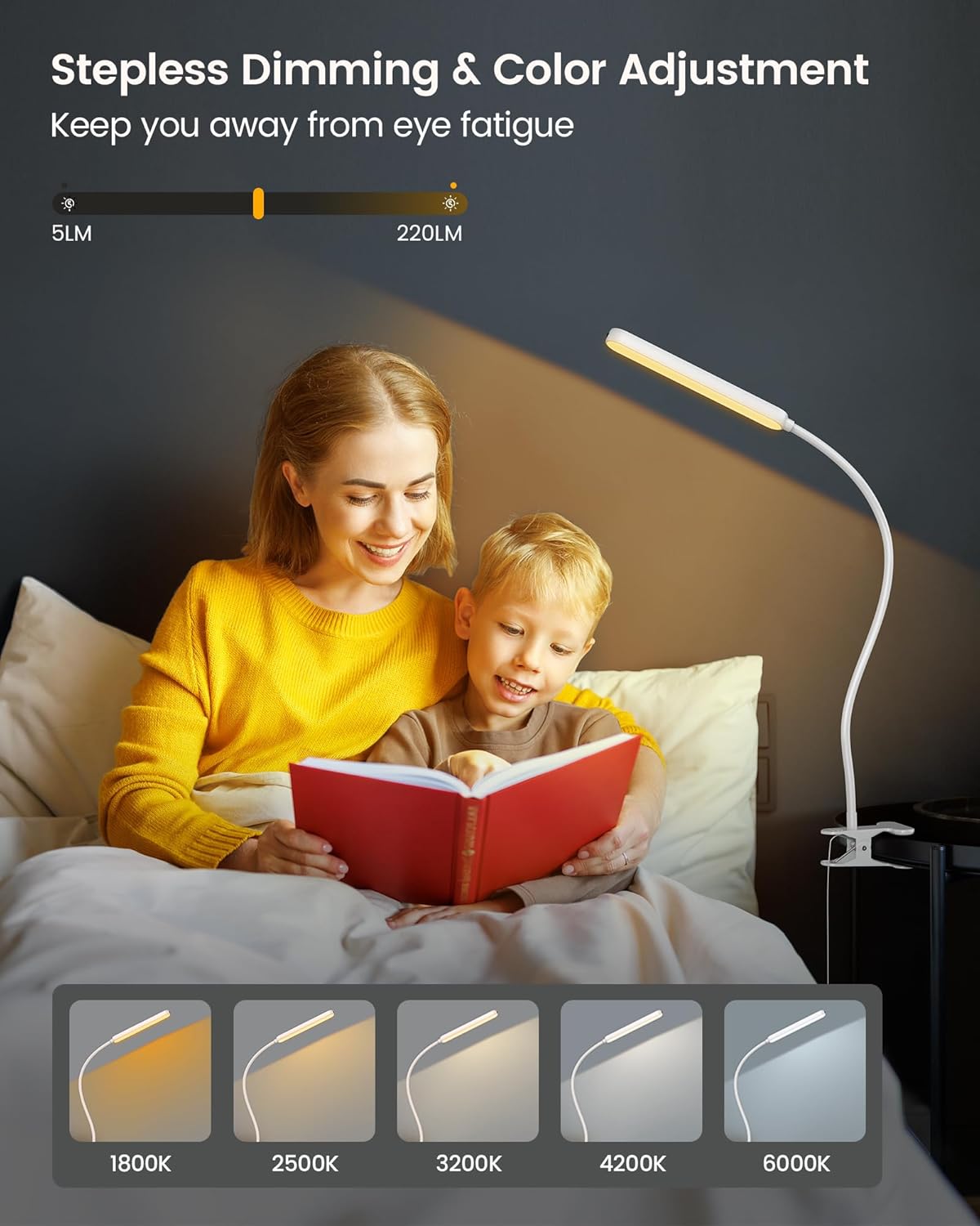 Glocusent 5W Clip On Light, 38 LED Eye Caring Book Lights for Reading at Night - 5 Color & 5 Brightness with a Remote, 30-Min Auto Off Timer, Bed Headboard Clip on Lamp for Reading/Studying/Working