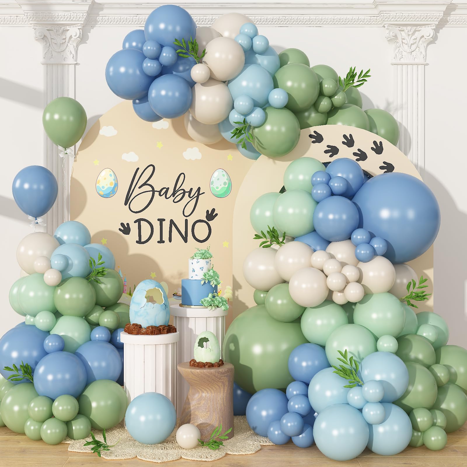 Blue Green Balloon Arch Kit Dusty Blue Sage Green Beige Balloons Garland Slate Fog Haze Avocado Light Sand White Birthday Party Decorations for Boys Dinosaur Rustic Woodland Bridal Baby Shower 99Pcs โ image 1
