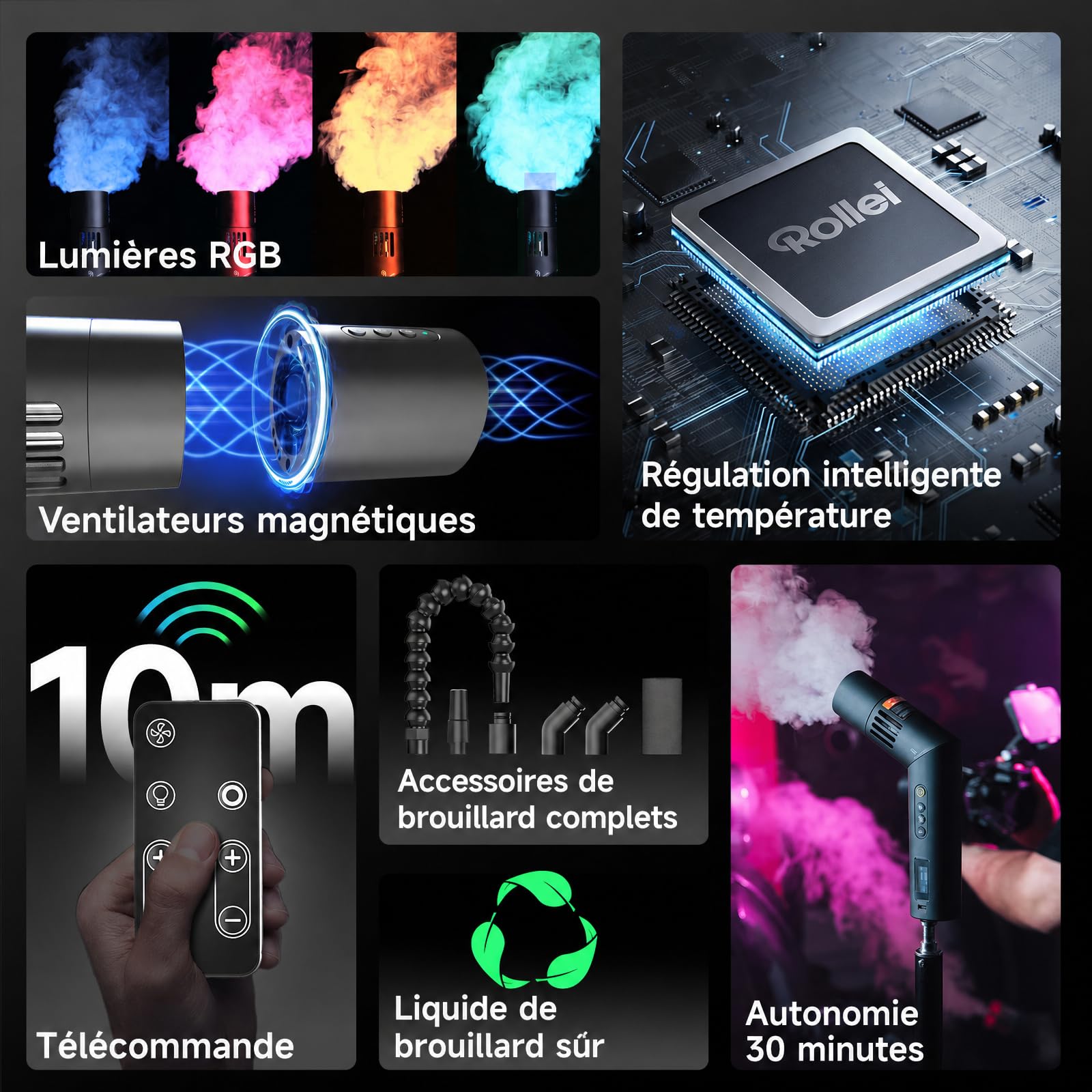 Machine à Fumée, Rollei Machine à Brouillard Smoke Master Pro RGB 40W Mini Machines a Fumee Portable avec Télécommande et Batterie pour Photographie Vidéo Fêtes Mariages Créateurs de Contenu Scène