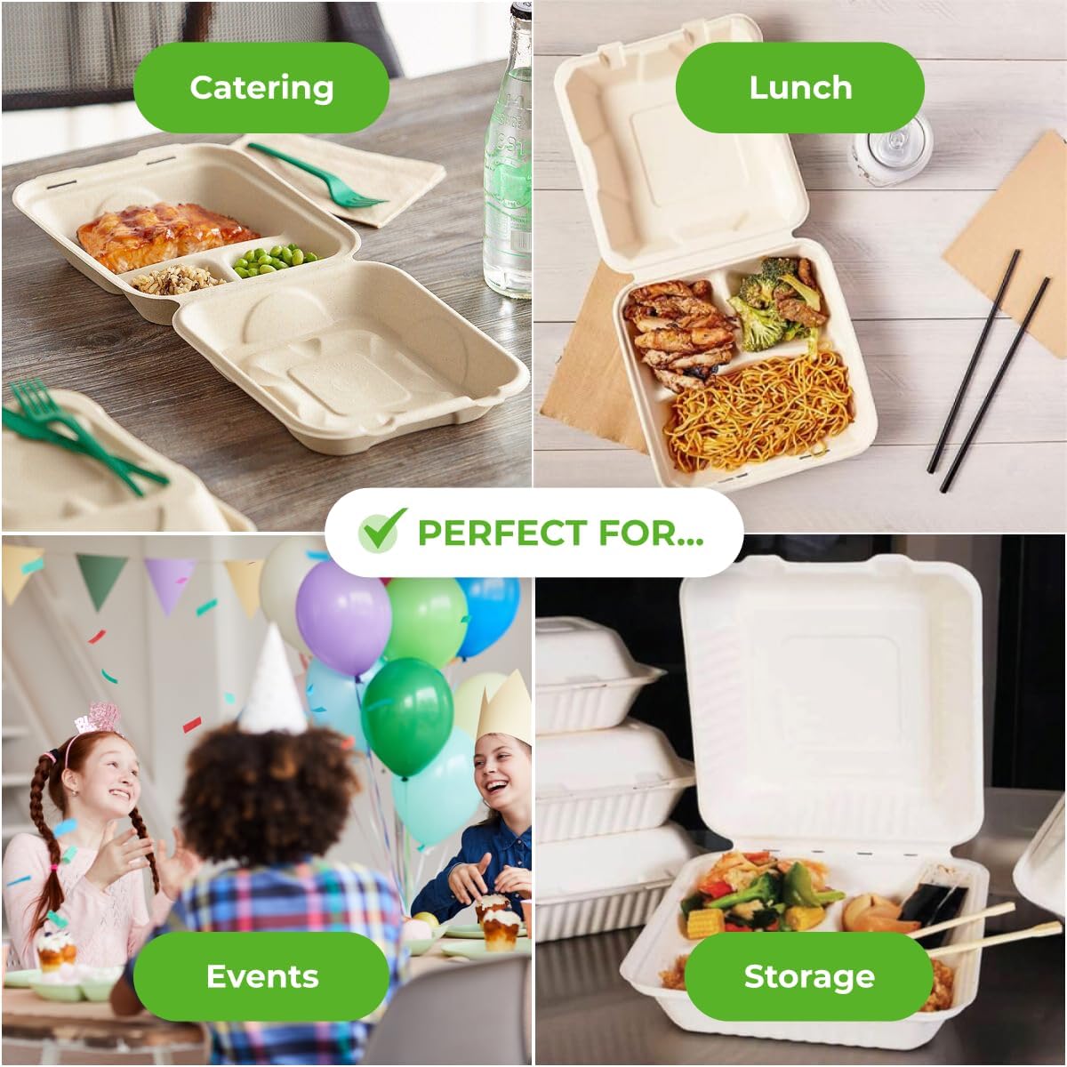 100 Pack Bagasse Clamshell Take Out Containers 9x9 | 3 Section | Heavy Duty To Go Clamshell Food Containers | Planet-Friendly and Compostable Bagasse Take Out Containers for Hot & Cold Food