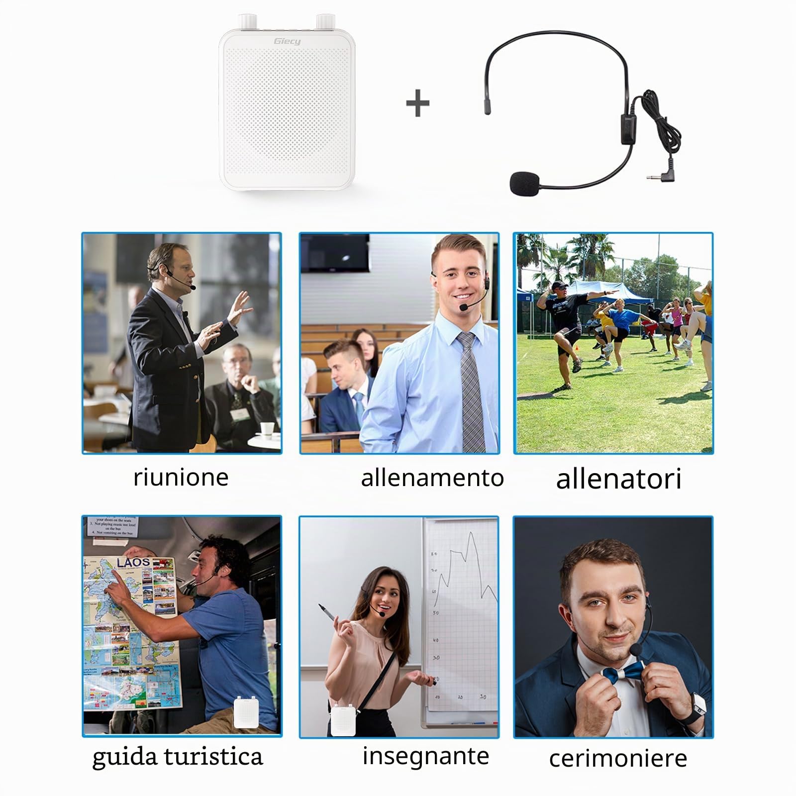 Amplificatore vocale portatile con microfono Batteria ricaricabile 2800mah Sistema PA per insegnanti, guida turistica, allenatori, presentatori(Bianco)