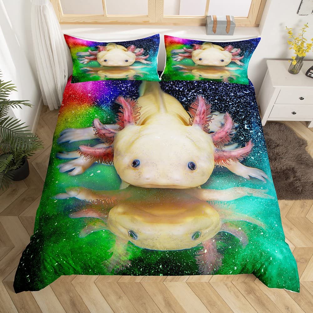 Homewish Girls Multi 05 Cute Axolotl Duvet Cover King Size For Child Boys,3D Rainbow Axolotls Bedding Set Sea Wildlife Animals Reptile Comforter Cover Kawaii Axolotl Bed Sets Kids Ocean Theme Bedroom Decor