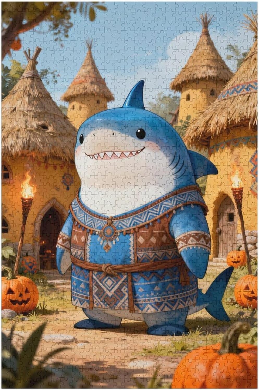 Shark Wearing Cape 1000 Piece Jigsaw Puzzle for Adults, African Village Artwork, Colorful DIY Craft Puzzle, Challenging Family Activity, Fun Home Decor Gift, 30x20 Inches